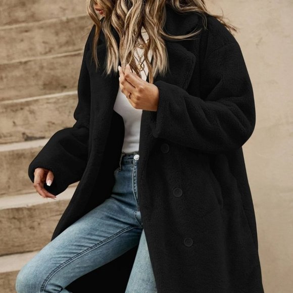 Black Preppy Womens Teddy Coat - Picture 4 of 4